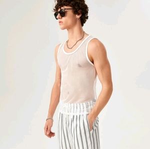 New! White mesh fabric muscle tank top shirt
